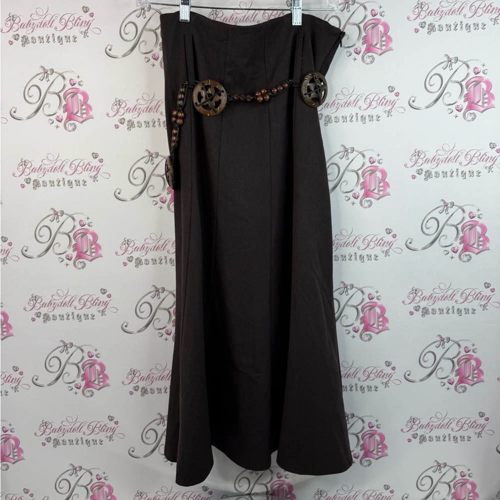 Vamp skirt belted wooden belt maxi long Elegant Brown Skirt with Decorative Belt